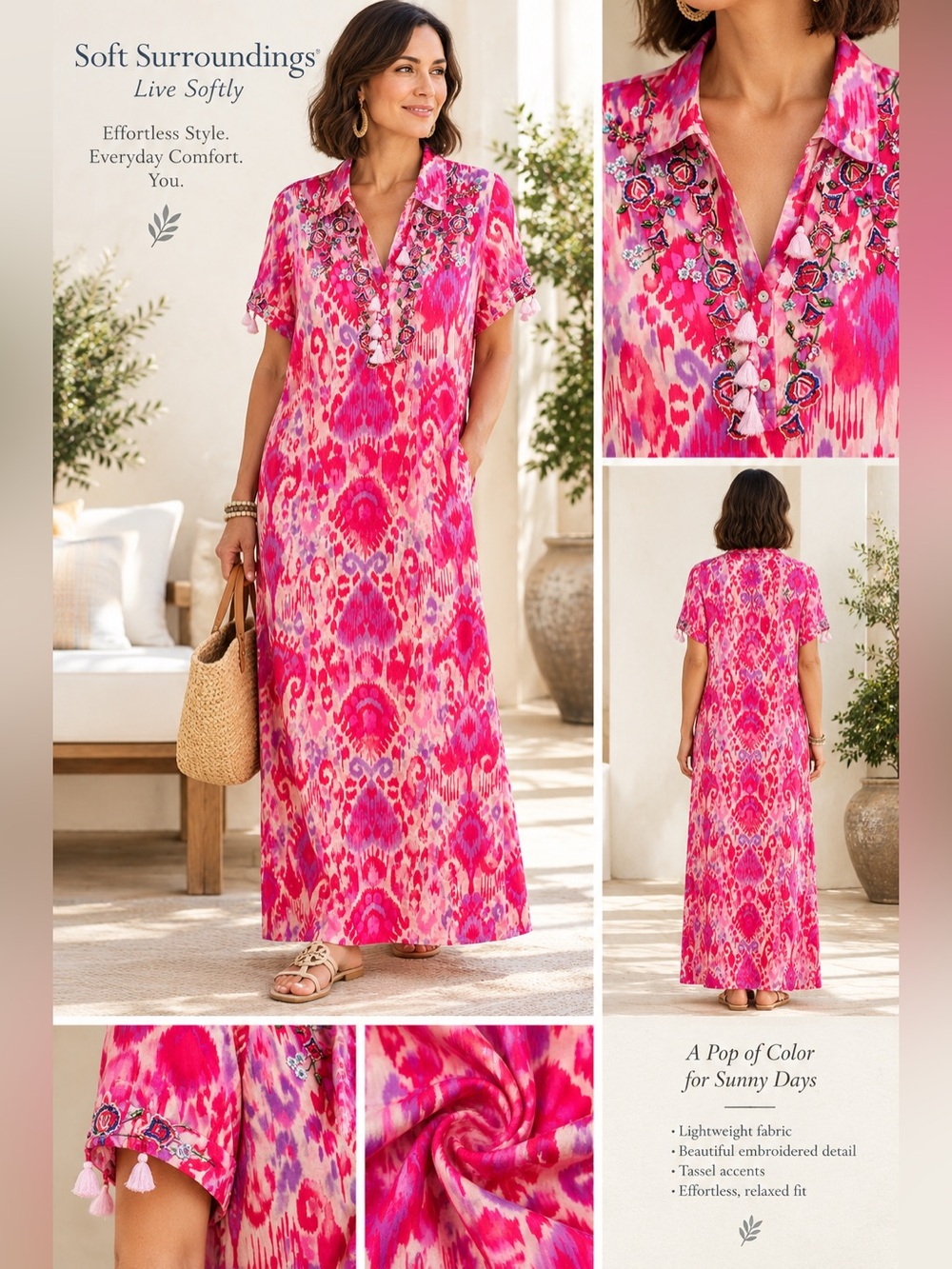 Soft Surroundings Pink Multi-Print Embroidered Maxi Caftan